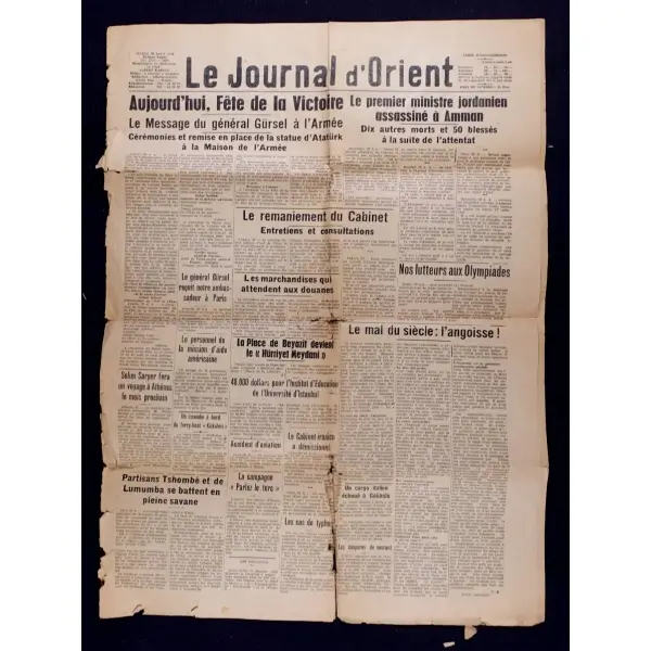 Basın tarihi: Fransızca Le JOURNAL d´ORİENT gazetesinin 30 Ağustos 1960 tarihli sayısı, 40x53 cm, yıpranmış haliyle